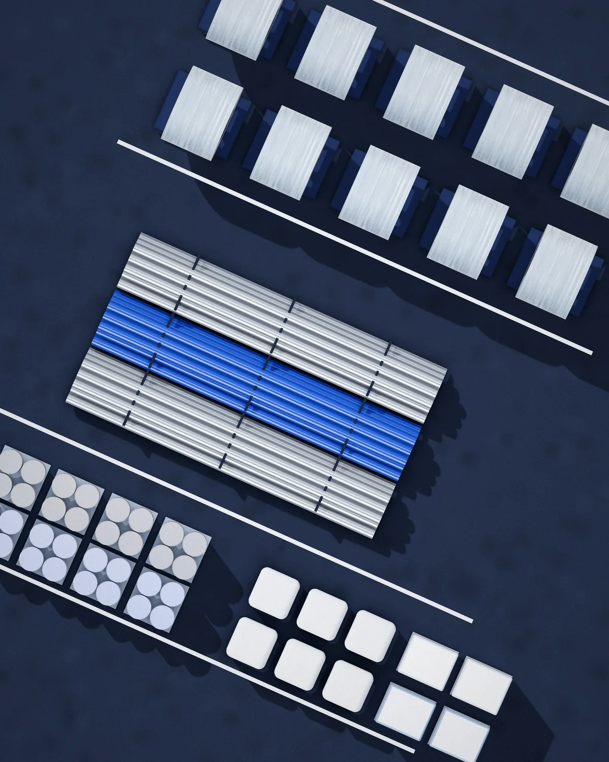 Aerial view of assorted commercial goods: steel coils, pipe bundles, drums and bulk bags